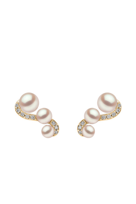 Sleek S-Shape Earrings, 18k Yellow Gold with Akoya Pearls & Diamonds